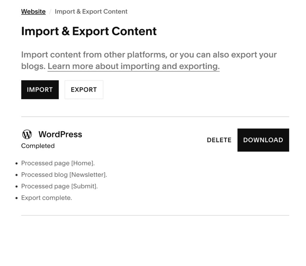Download export content file from Squarespace